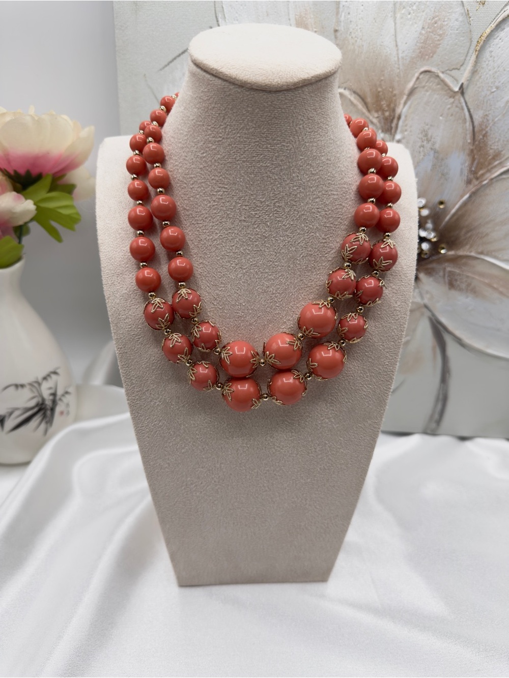 Coral Orange Beaded Double Strand Statement Necklace Gold Tone